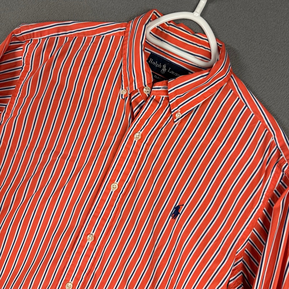 Ralph Lauren Shirt Mens Medium Orange Striped Classic Fit Long Sleeve Button